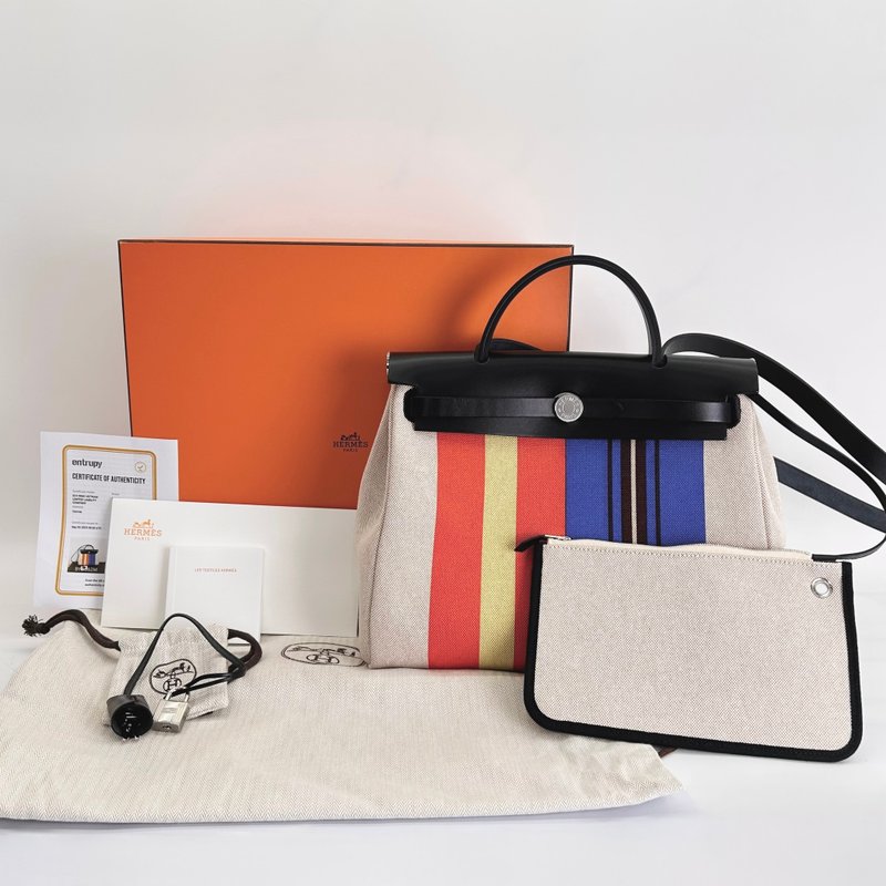 Hermès Herbag 31 W Stamp, Striped Canvas and Leather Equestrian Style, Full Accessories, Protective Film Intact - กระเป๋าถือ - หนังแท้ หลากหลายสี