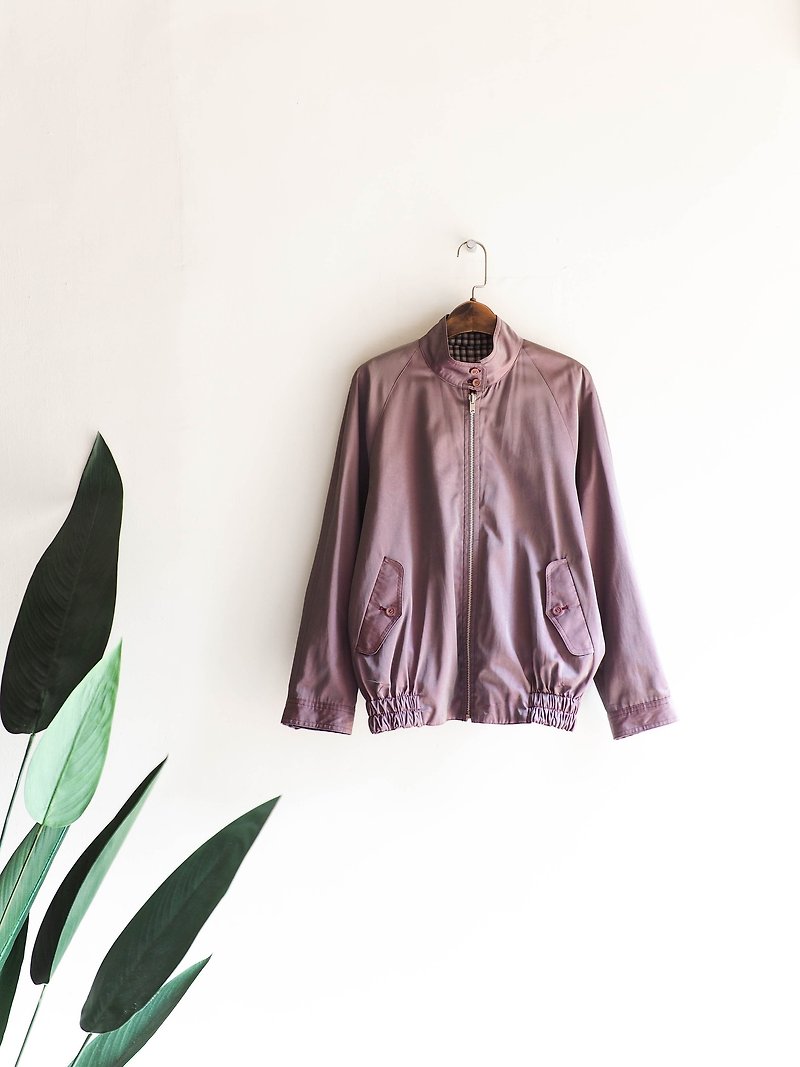 富山紫紅光感細格紋週末休閒少女 古董棉質雙面穿小立領拉鍊外套 - 女大衣/外套 - 聚酯纖維 紅色
