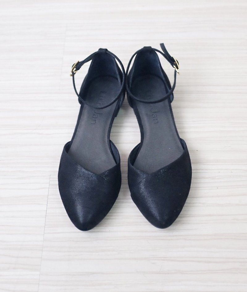 [] Gorgeous banquet buckle lace low-heeled sandals _ crystal silk matte black - รองเท้ารัดส้น - กระดาษ สีดำ