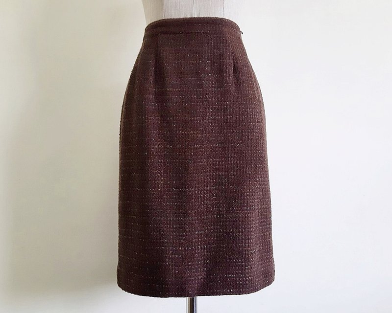 27 Waist Vintage LOUIS FERAUD Brown Wool Skirt Womens Metallic Straight Skirt S - 裙子/長裙 - 其他材質 咖啡色