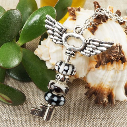 AGATIX Silver Skeleton Key Black and White Lampwork Glass Euro Charm Necklace Jewelry