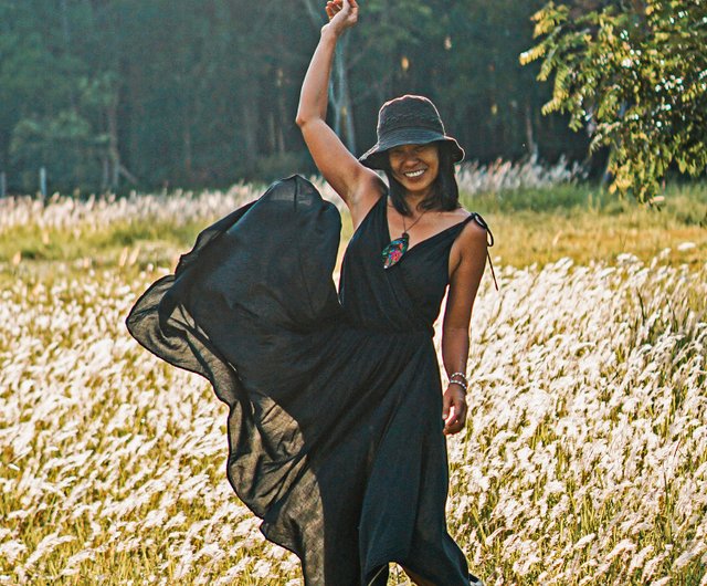 Cotton Black Dress, Long Black Dress, Asymmetric Black Dress