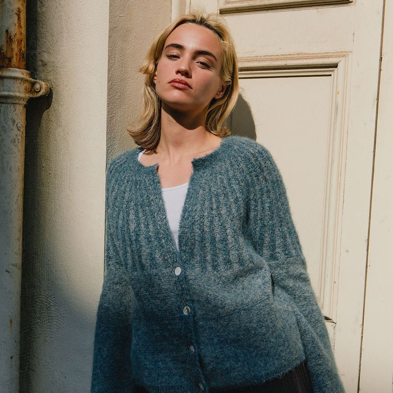 Nordic Style Alpaca Knit Cardigan - Misty Blue - Women's Sweaters - Wool Blue