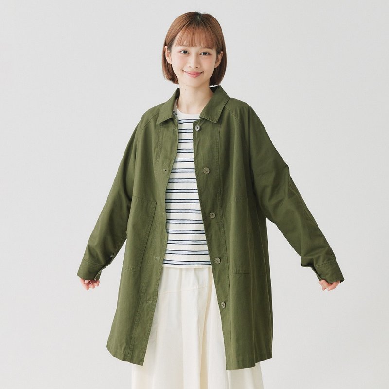 【Simply Yours】Mid-Length Trench Coat - green (F) - เสื้อแจ็คเก็ต - ผ้าฝ้าย/ผ้าลินิน สีเขียว