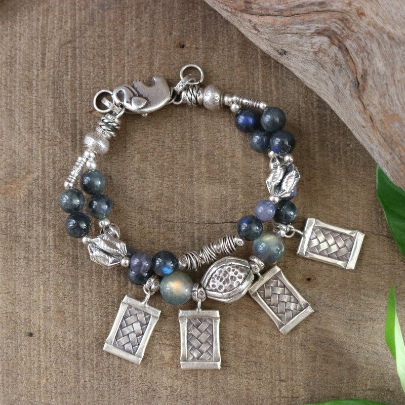 Black Labradorite, Iolite and Woven Rectangle Charms Bracelet with Karen Silver - Bracelets - Sterling Silver Black