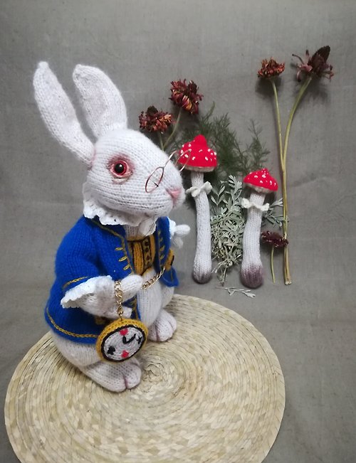 ToysMomClara Toys as a gift, knitted White rabbit based on Alice in Wonderland handmade toy