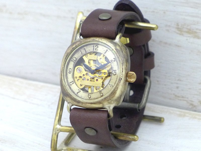 手作り腕時計 BHW127 手巻きBrass(真鍮)クッションケース 33mm アラビア数字 - 女錶 - 銅/黃銅 金色