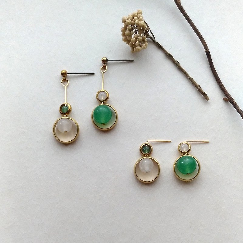 023- accompanied - Bronze, DF green Stone, Moonstone pin / clip earrings - ต่างหู - โลหะ 