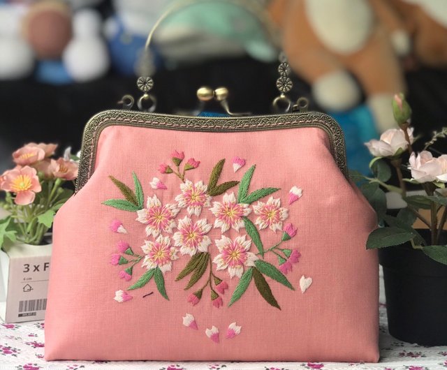 がま口ショルダーストラップ付きハンドル、リネン、桜の刺繍