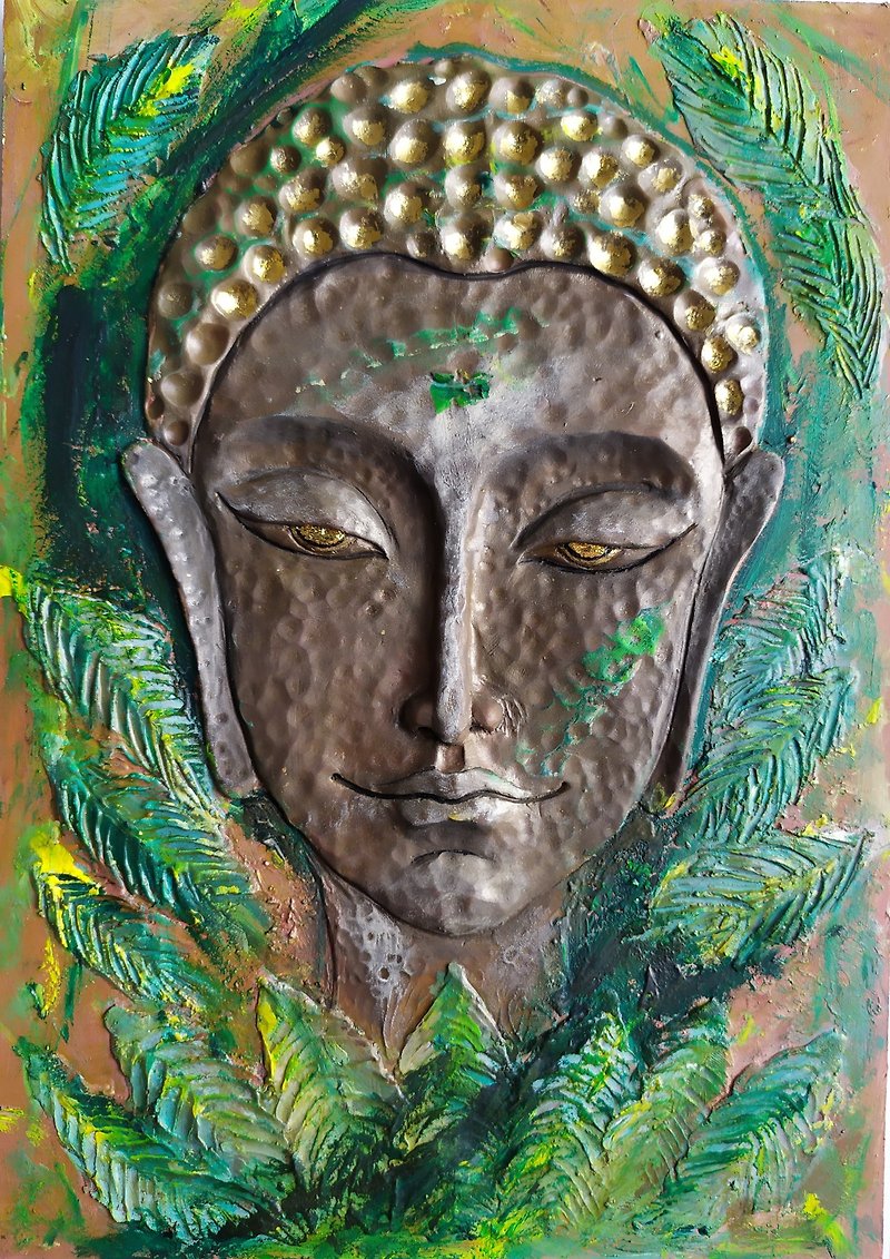 Wall Art Sculpture - Painting Gold Buddha In The Jungle Of Thoughts. - Wall Décor - Other Materials Green