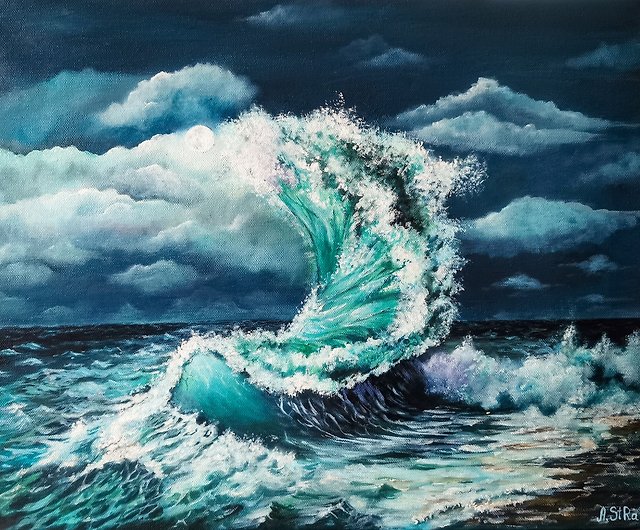 油絵 絵画 『 星空と海 』 波 風景画 肉筆 f6号 - 絵画/タペストリ
