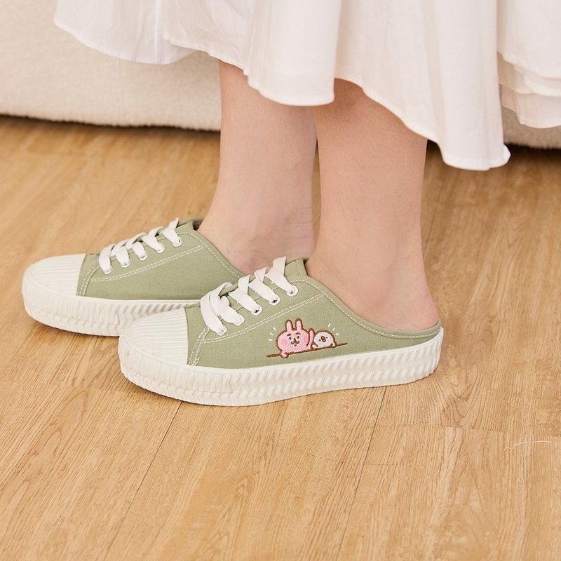 Paidalx卡娜赫拉的小動物粉紅兔兔招手休閒鞋餅乾鞋穆勒鞋-淺抹茶 - 女休閒鞋/帆布鞋 - 棉．麻 綠色