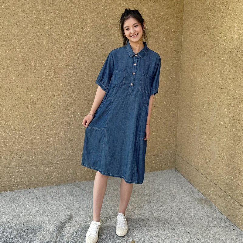 Hana Mokuba 立領襯衫式縫線口袋牛仔洋裝 - 洋裝/連身裙 - 其他材質 