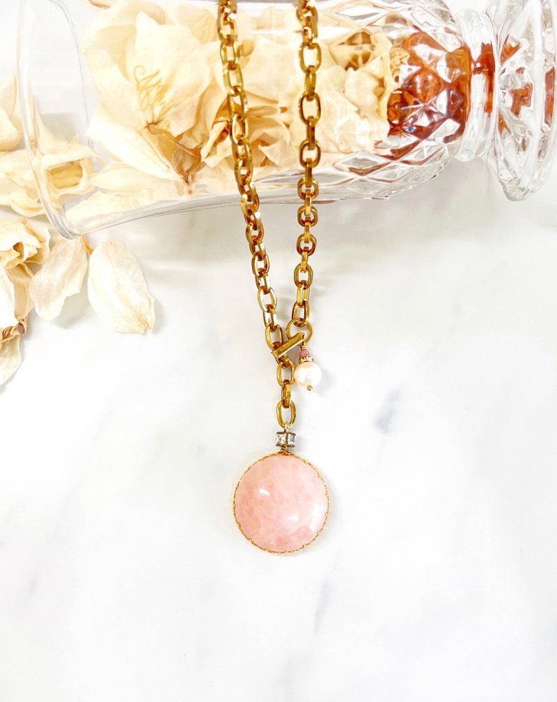 Minertés+Pink Quartz‧Pearl‧Ancient Gold Bronze Necklace+ - Necklaces - Crystal Pink