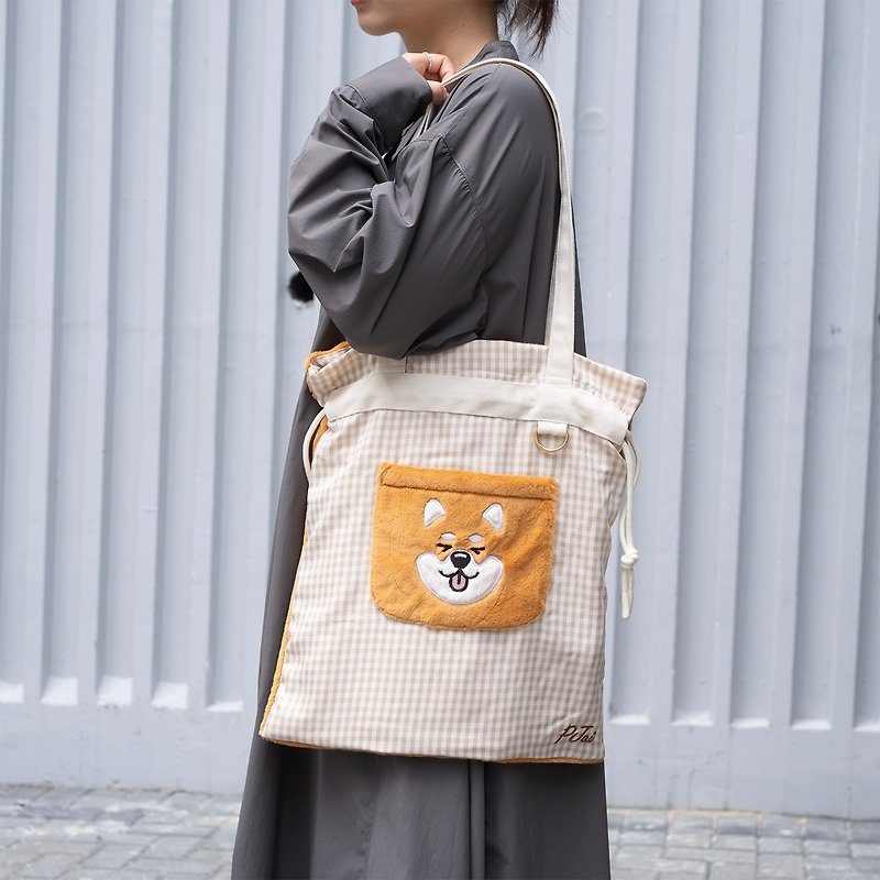 【PJai the Shiba】Drawstring Tote Bag (AA502) - กระเป๋าแมสเซนเจอร์ - เส้นใยสังเคราะห์ สีส้ม