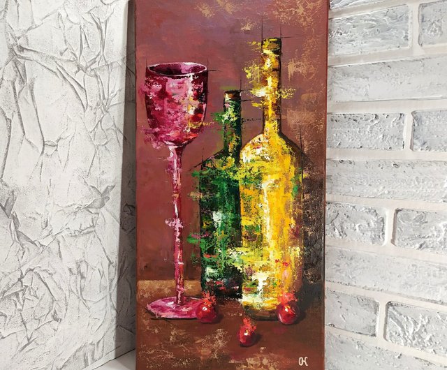 ワイン油絵オリジナルアート抽象ボトル絵画キャンバスキッチンの