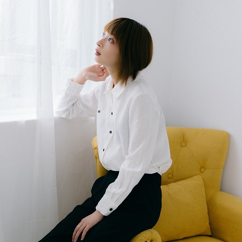 White lapel long sleeve shirt|shirt|autumn|cotton and linen blend|independent brand|Sora-180 - เสื้อเชิ้ตผู้หญิง - ผ้าฝ้าย/ผ้าลินิน ขาว