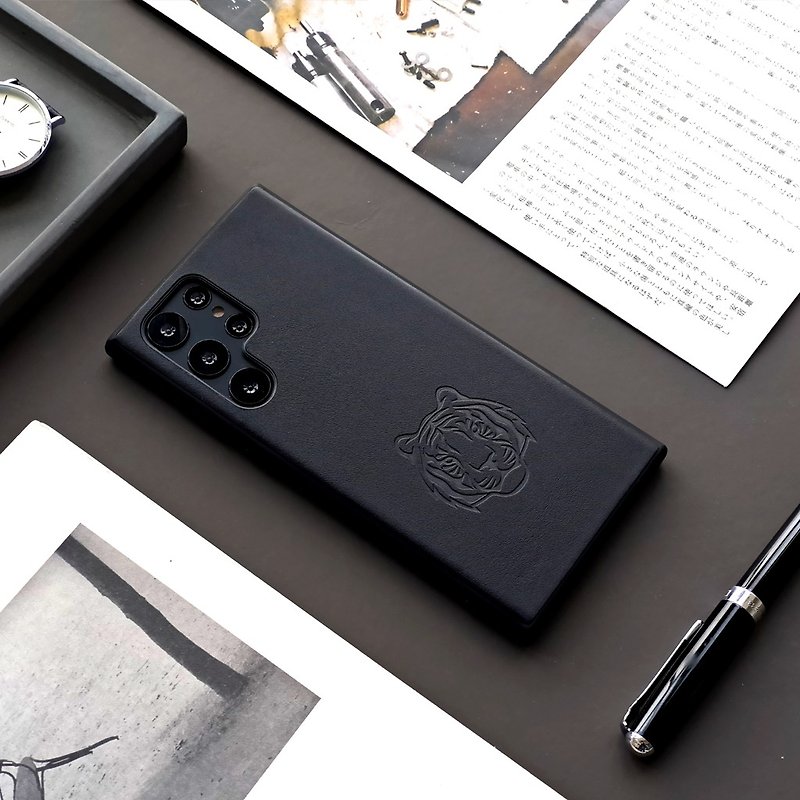 [Tiger Head] Samsung s24ultra genuine leather mobile phone case s23 set s22+ back cover all-inclusive anti-fall customization - เคส/ซองมือถือ - หนังแท้ สีดำ