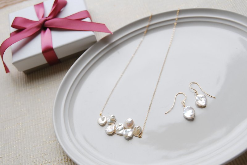 Limited until December 27th Petal Keshi Pearl Necklace and Earrings Set in Gift Box 14kgf - Necklaces - Pearl White