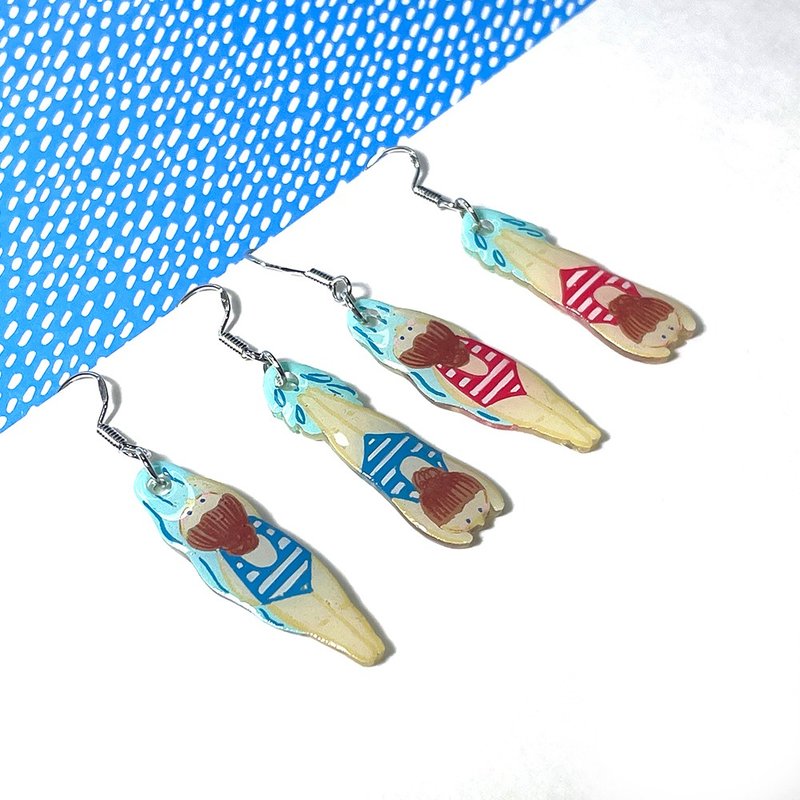 Swimming Hand-painted Handmade Earrings - Earrings & Clip-ons - Plastic Blue