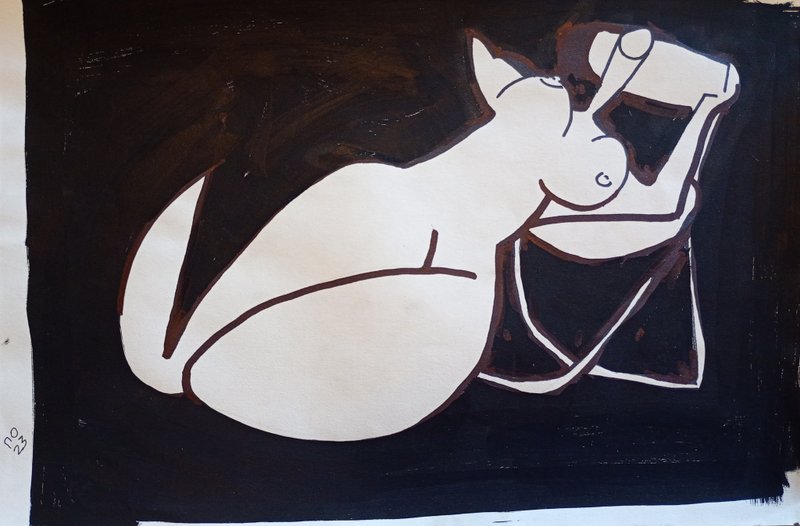 Nude Reclining Chair - Black & White Drawing of Nude Woman Artwork, Contemporary - โปสเตอร์ - กระดาษ ขาว