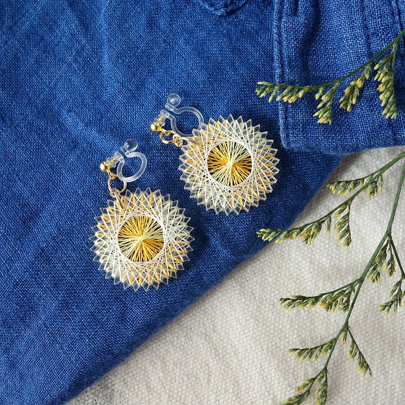 Dandelion fluff earrings / silk thread / string art / shipping free - Earrings & Clip-ons - Silk Yellow