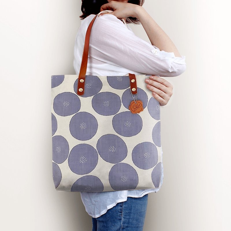 Japanese cloth shoulder bag/tote bag (like flowers but not flowers-blue gray) - new double magnetic buckle - กระเป๋าแมสเซนเจอร์ - หนังแท้ สีน้ำเงิน