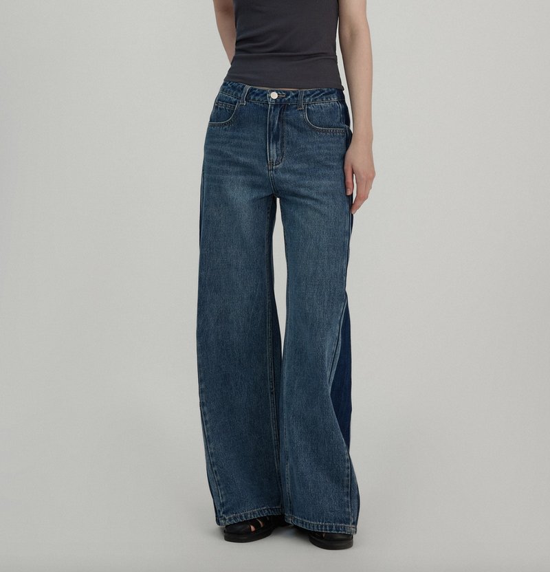 Vintage cool denim retro contrast color flared trousers - กางเกงขายาว - วัสดุอื่นๆ สีน้ำเงิน