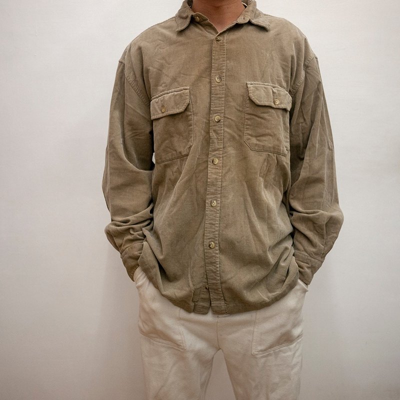 FADED GLORY Corduroy Long Sleeve Shirt Khaki Vintage Used - เสื้อเชิ้ตผู้ชาย - ผ้าฝ้าย/ผ้าลินิน สีกากี