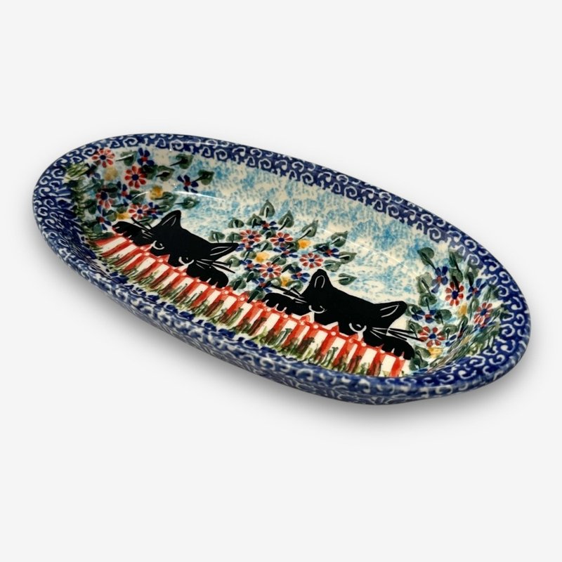 波蘭手繪手工陶-橢圓小碟 18.5cm 黑貓花園系列 - 盤子/餐盤/盤架 - 陶 多色