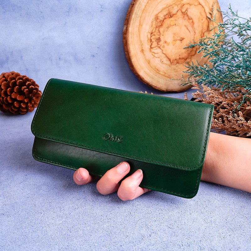 イタリアの野菜のなめし革12枚のカード1枚の写真薄いフリップレザーロングクリップ（緑） - 財布 - 革 グリーン