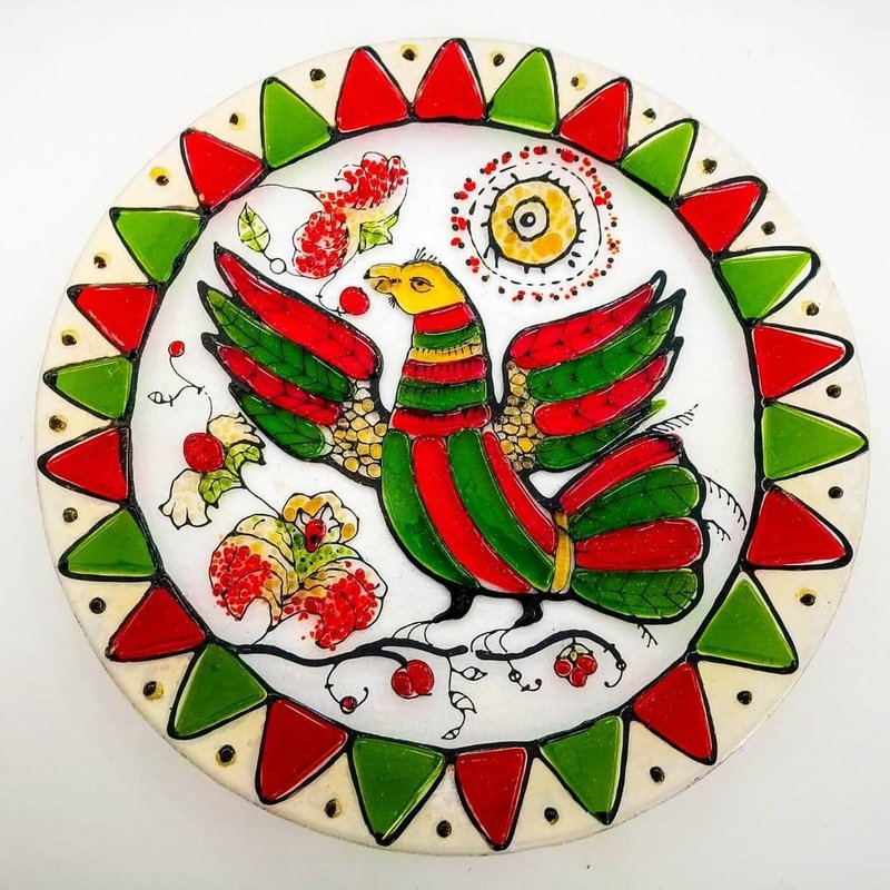 Decorative bird plates - Fused glass wall plates with Permogorsk painting - 盤子/餐盤/盤架 - 玻璃 透明