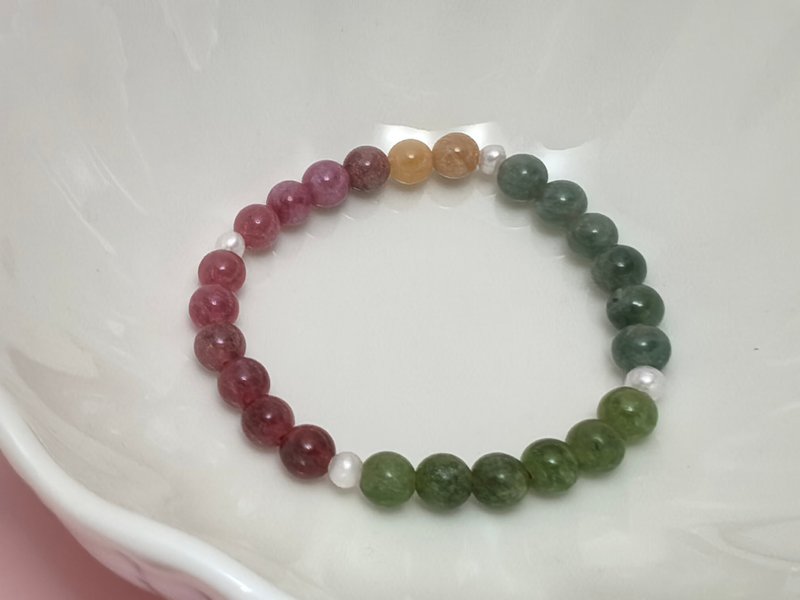 彩虹 碧璽 天然淡水珍珠 彈力 手鏈 - 手鍊/手環 - 珍珠 多色