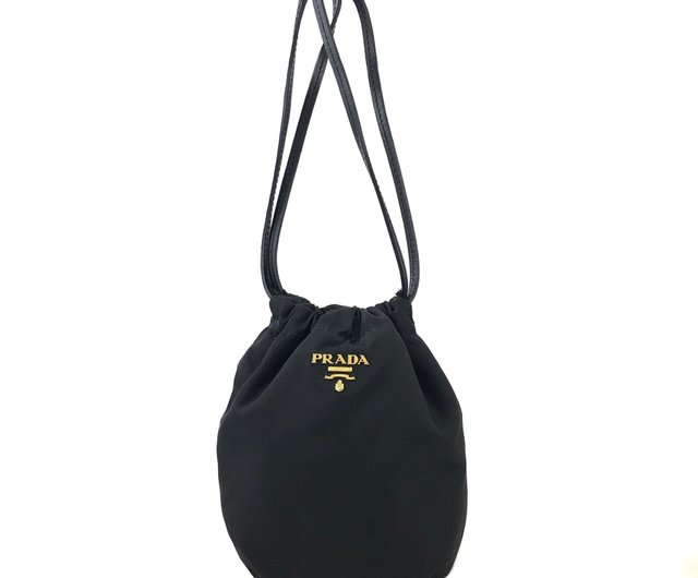 PRADA Logo Nylon Mini Bag Drawstring Handbag Black Vintage Old