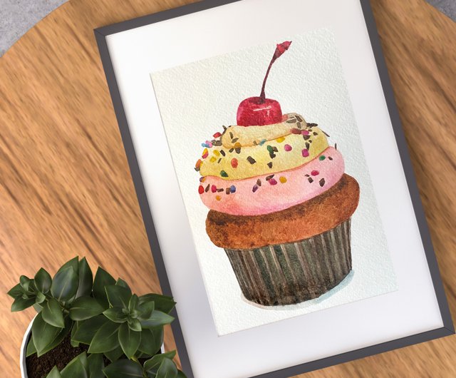 ORIGINAL ART Hedgehog and Cherry selling Cupcake