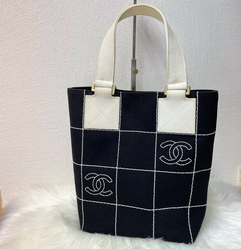 【 In-Stock 】Chanel Coco mark Vintage 黑色x白色巧克力格帆布 - 手提包/手提袋 - 其他材質 黑色