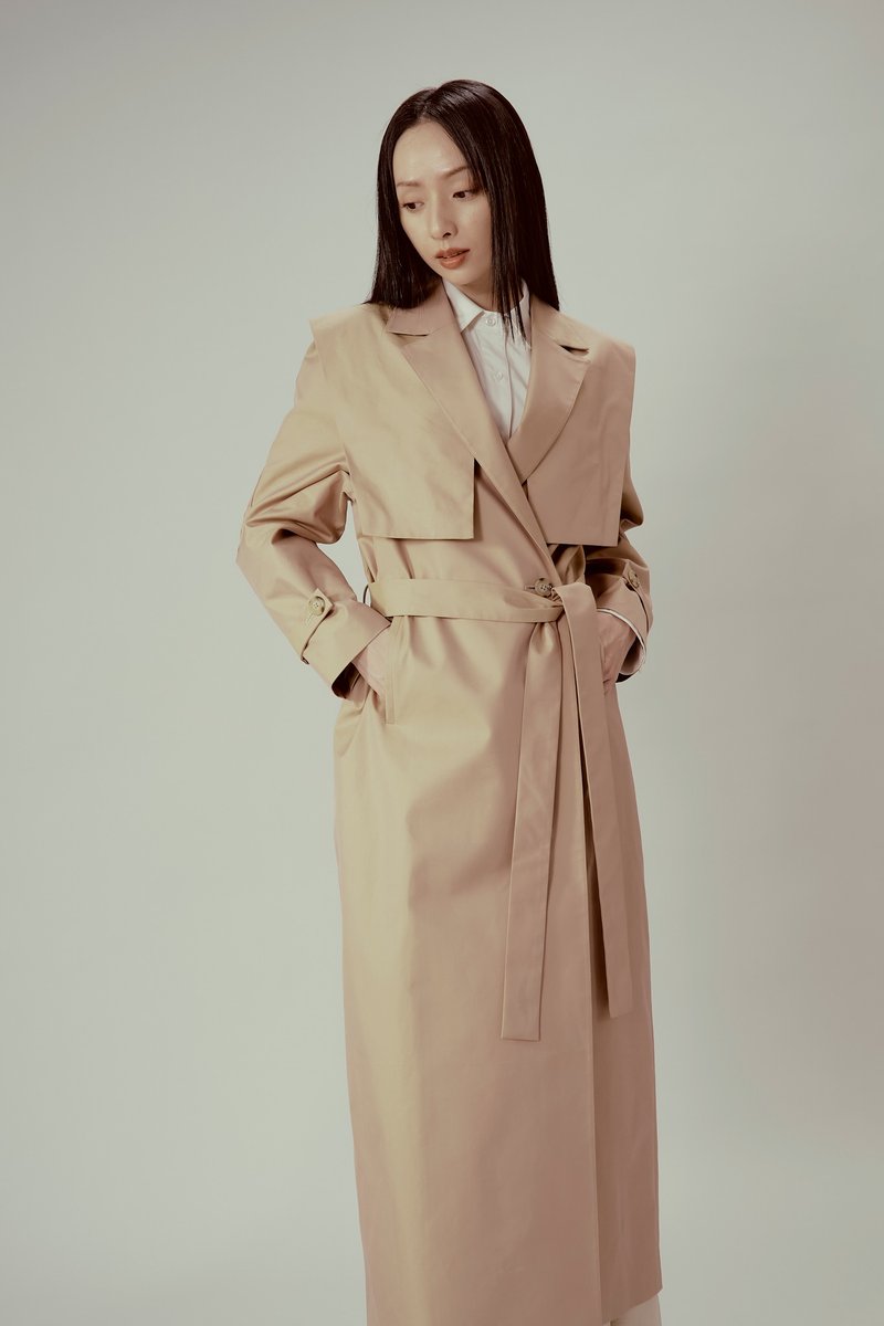 Khaki long trench coat - เสื้อแจ็คเก็ต - ผ้าฝ้าย/ผ้าลินิน สีกากี