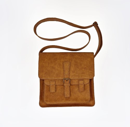 LU11NA Leather Messenger Bag, Crossbody Mailbag, Vintage Look Brown Shoulder Satchel, D