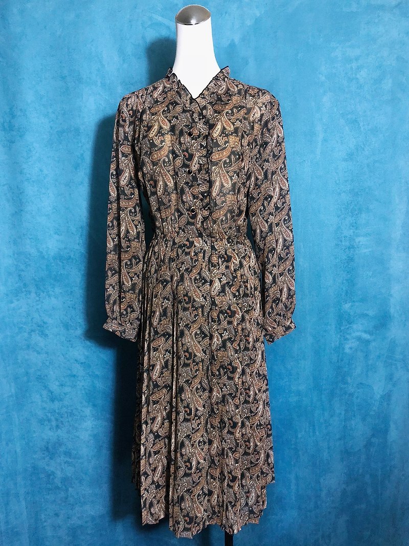 Pingpong vintage [Vintage dress / classic totem chiffon long-sleeved vintage dress] bring back VINTAGE - ชุดเดรส - เส้นใยสังเคราะห์ สีดำ