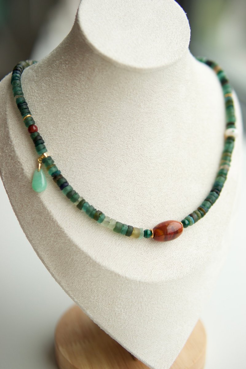 Roman colored glaze beads + Warring States red agate jadeite drip necklace clavicle chain S925 Silver - Collar Necklaces - Colored Glass 