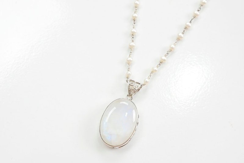 Rainbow moonstone and freshwater pearl long necklace - Long Necklaces - Stone Blue