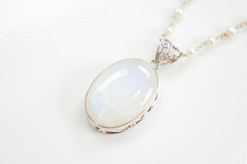 Rainbow moonstone and freshwater pearl long necklace