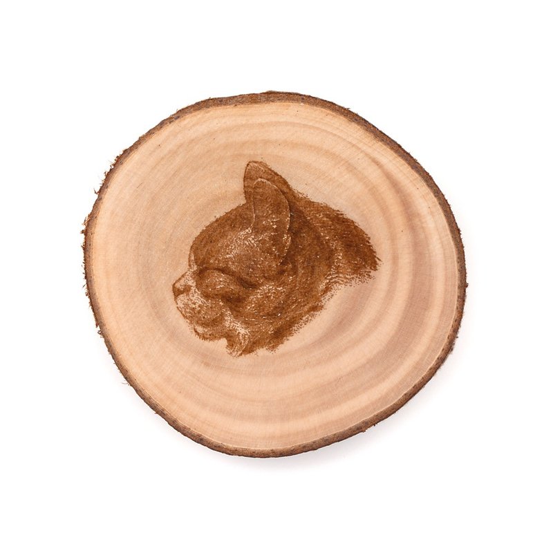 Taiwan Xiao Nan coaster-squinting cat | Use log annual ring insulation pad to create the texture of home office - Coasters - Wood Gold