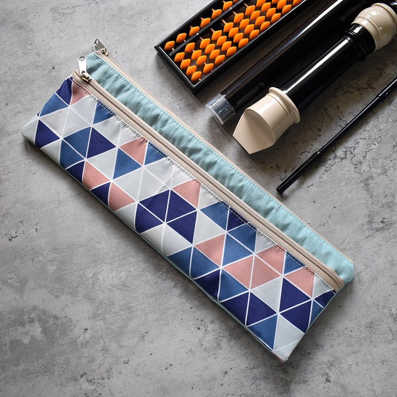 Travel waterproof double-layered long storage bag alto recorder/abacus storage_triangular grid - Pencil Cases - Nylon Blue