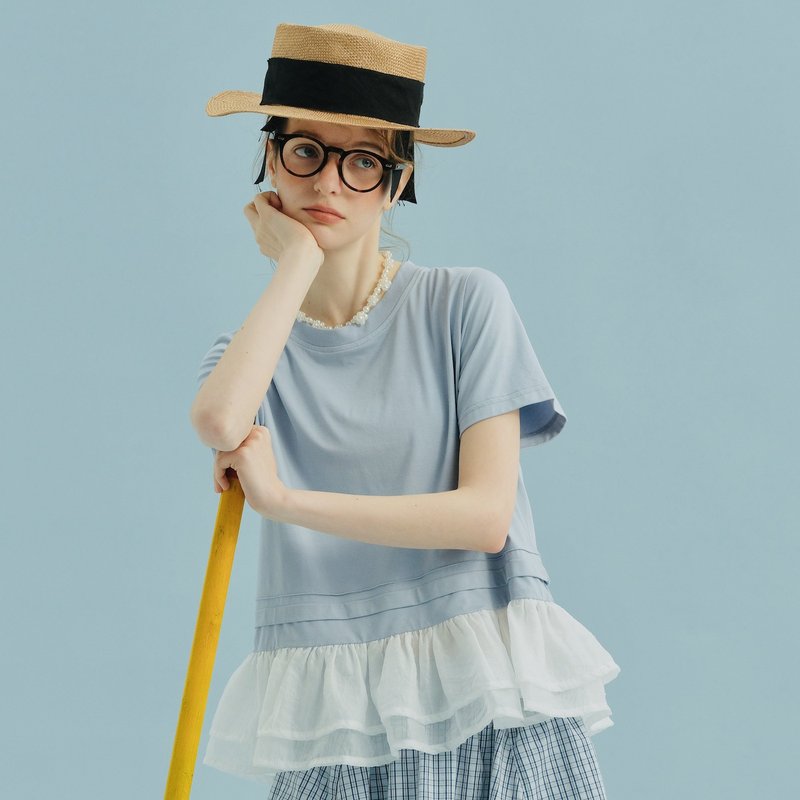 粉藍拼接紗T恤 / 上衣 T-shirt - 女 T 恤 - 棉．麻 藍色