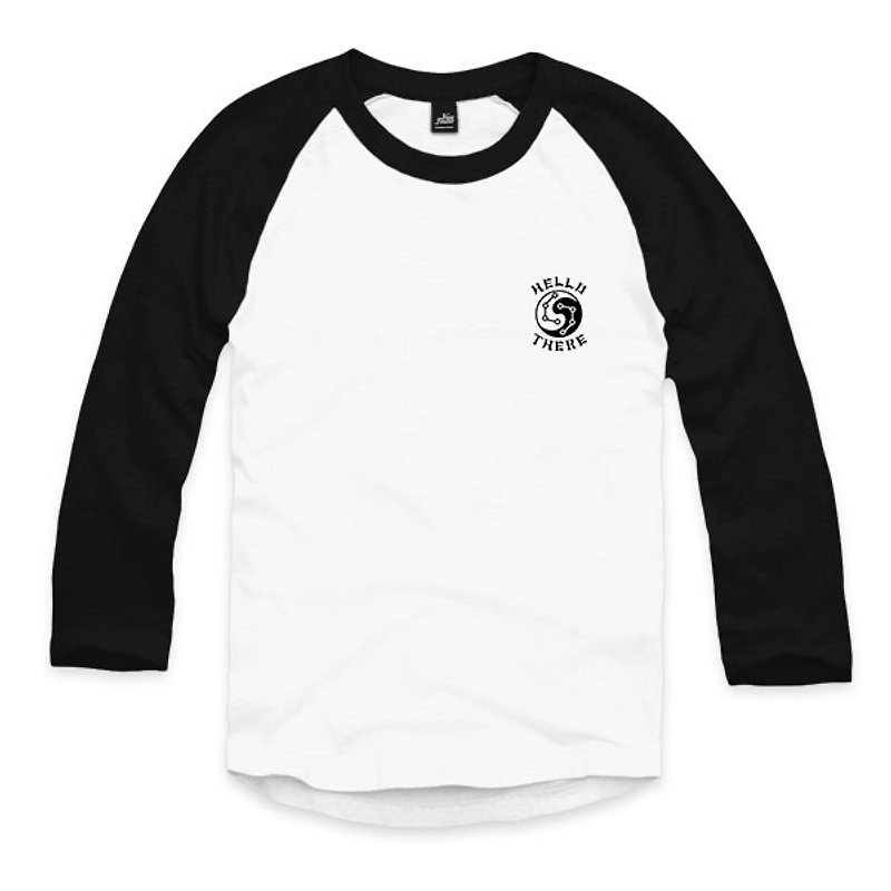 太極海豚 - 白/黑 - 七分袖棒球T恤 - 男 T 恤 - 棉．麻 白色