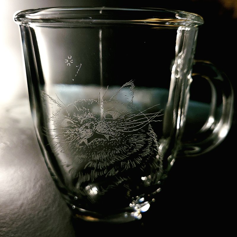 [Latte Cup] Custom-ordered hand-carved Meow Meow | Latte mug | Hand-carved pictures/free engraving - แก้วไวน์ - แก้ว สีใส