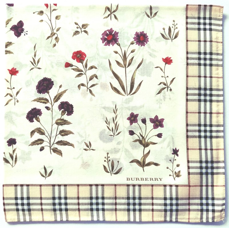 Burberry Vintage Handkerchief Floral Check Border 19.5 x 19.5 inches - ผ้าเช็ดหน้า - ผ้าฝ้าย/ผ้าลินิน สีทอง
