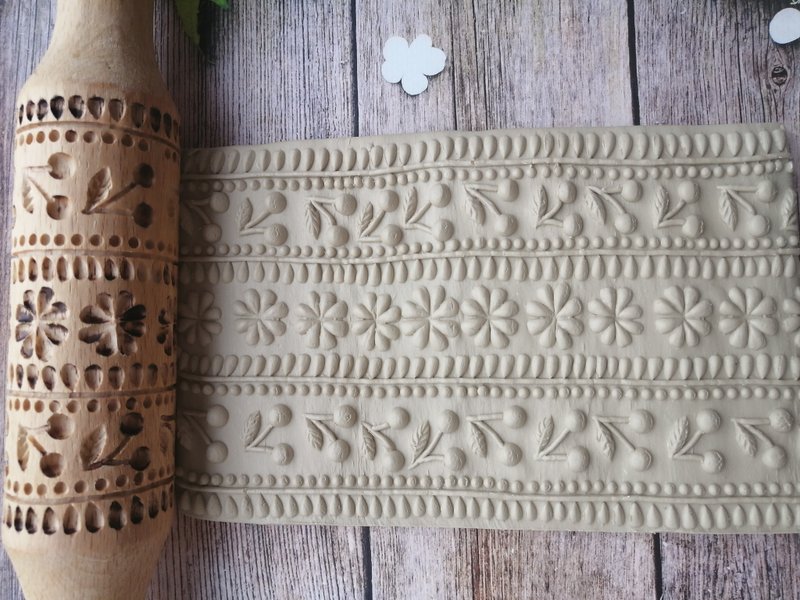 Cherry Pattern, Engraved rolling pin, Embossed rolling pin, Cherry cookies. - Cuisine - Wood Brown