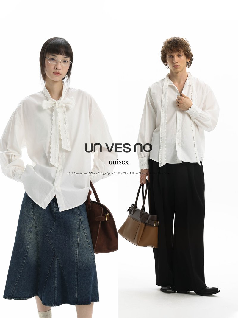 【蕾絲鉤織系帶】Unvesno(UN)中古老錢風50%天絲知識分子長袖襯衫 - 男襯衫/休閒襯衫 - 其他材質 
